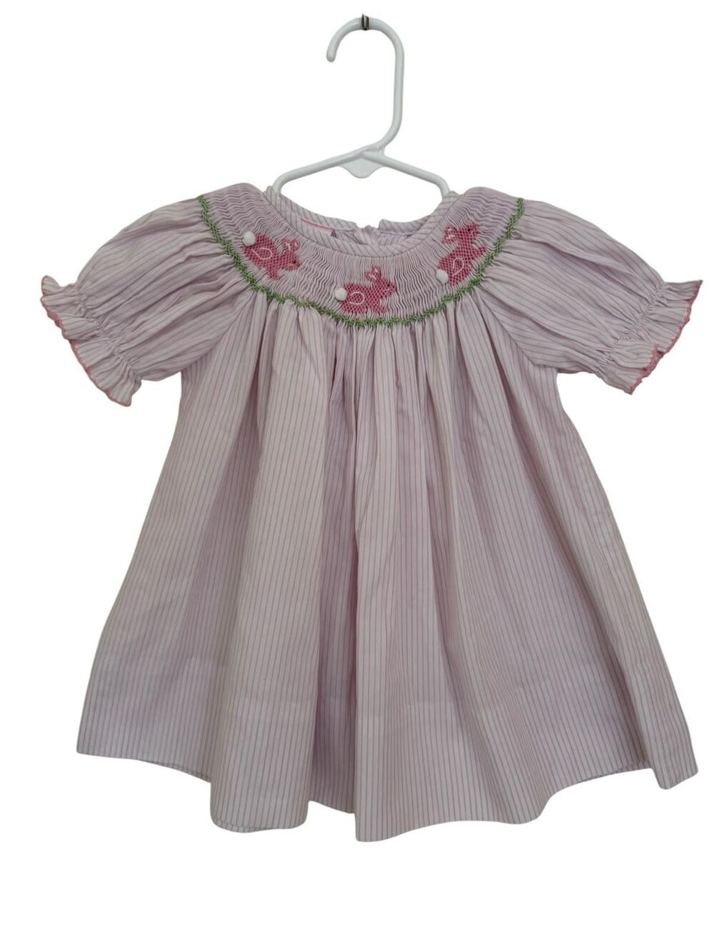 Petit Bebe Girls Pink Bunny Hand Smocked Dress 6M Easter Striped